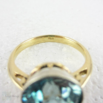 Blue Zircon Solitaire Ring, Vintage Large Single Stone with 5.9 Carat Old Cut Blue Zircon in 18 Carat White & Yellow Gold, Mid 20th Century.