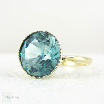 Blue Zircon Solitaire Ring, Vintage Large Single Stone with 5.9 Carat Old Cut Blue Zircon in 18 Carat White & Yellow Gold, Mid 20th Century.
