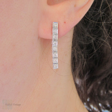 SALE Diamond Line Earrings, Bead Set Diamonds in Square Settings. Dangle Style Earrings in 18 Carat White Gold.