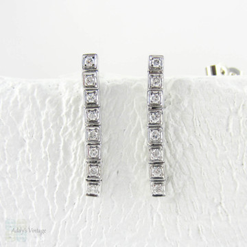 SALE Diamond Line Earrings, Bead Set Diamonds in Square Settings. Dangle Style Earrings in 18 Carat White Gold.