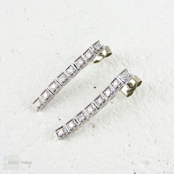 SALE Diamond Line Earrings, Bead Set Diamonds in Square Settings. Dangle Style Earrings in 18 Carat White Gold.