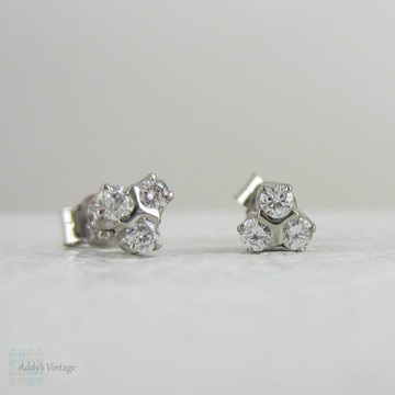 Estate Diamond Stud Earrings. Diamond Three Stone Cluster Earrings in 9 Carat White Gold.