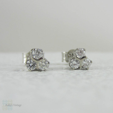 Estate Diamond Stud Earrings. Diamond Three Stone Cluster Earrings in 9 Carat White Gold.