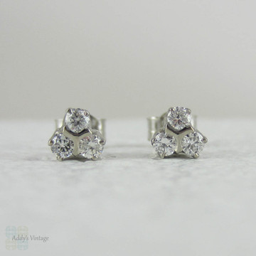 Estate Diamond Stud Earrings. Diamond Three Stone Cluster Earrings in 9 Carat White Gold.