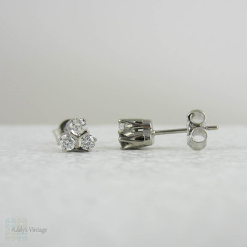 Estate Diamond Stud Earrings. Diamond Three Stone Cluster Earrings in 9 Carat White Gold.