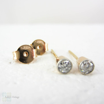 Old European Diamond Earrings in Rose Gold with Platinum Edge, Antique 1900s Baby Bezel Settings with Milgrain Beading, 18ct & Platinum.