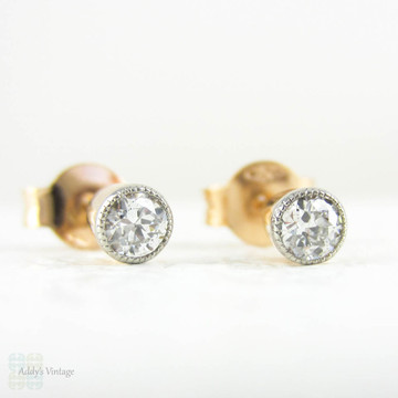 Old European Diamond Earrings in Rose Gold with Platinum Edge, Antique 1900s Baby Bezel Settings with Milgrain Beading, 18ct & Platinum.