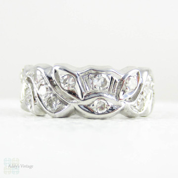 Vintage Diamond Eternity Ring, Wide Pierced Foliate Design Full Hoop Diamond Eternity or Wedding Band. 14 Carat Gold, Size O.75 / 7.5.