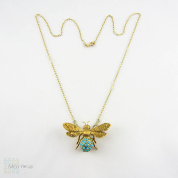 BALANCE. Vintage Bee Pendant & Brooch. Convertible Turquoise Inset Highly Detailed Engraved Fly Bug Necklace and Brooch in 18 Carat Yellow Gold.