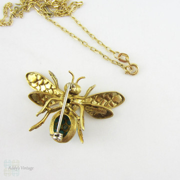 BALANCE. Vintage Bee Pendant & Brooch. Convertible Turquoise Inset Highly Detailed Engraved Fly Bug Necklace and Brooch in 18 Carat Yellow Gold.