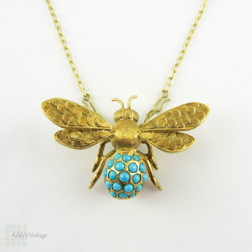 BALANCE. Vintage Bee Pendant & Brooch. Convertible Turquoise Inset Highly Detailed Engraved Fly Bug Necklace and Brooch in 18 Carat Yellow Gold.