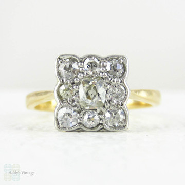 Antique Diamond Engagement Ring, Old Cushion Cut Diamond in Square Shaped Diamond Halo Frame, Circa 1890s Panel Dress Ring, 18ct & Platinum.