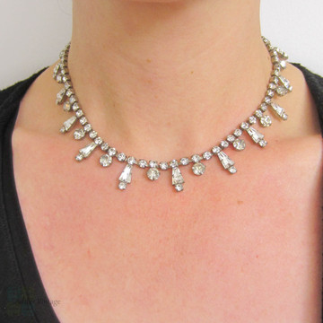 Art Deco Paste Rhinestone Necklace with Trapezoid & Round Diamante. 1920s Short Collar Style Bridal Necklace.