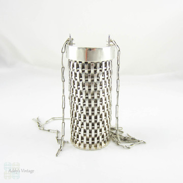 Vintage Necklace Pendant Container, Mexican Sterling Silver Basket Weave Style Woven Design Storage Holder on Long Paperclip Chain.