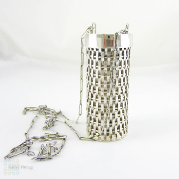 Vintage Necklace Pendant Container, Mexican Sterling Silver Basket Weave Style Woven Design Storage Holder on Long Paperclip Chain.