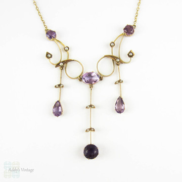 Stunning Late Victorian Antique Necklace. Amethyst & Seed Pearl Festoon Necklace in 9 Carat Yellow Gold.