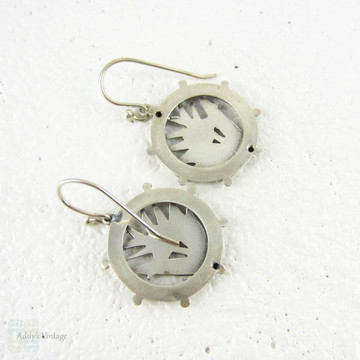 Victorian Swallow Bird Earrings, Antique Sterling Silver Dangle Diving Bird Engraved Circular Disc Shape Earrings.