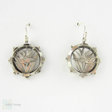 Victorian Swallow Bird Earrings, Antique Sterling Silver Dangle Diving Bird Engraved Circular Disc Shape Earrings.