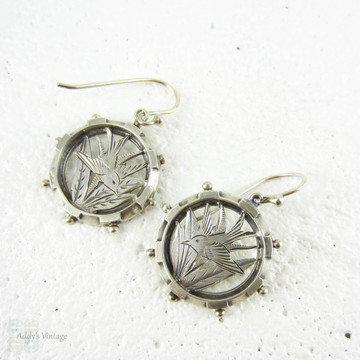 Victorian Swallow Bird Earrings, Antique Sterling Silver Dangle Diving Bird Engraved Circular Disc Shape Earrings.