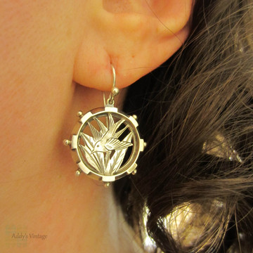 Victorian Swallow Bird Earrings, Antique Sterling Silver Dangle Diving Bird Engraved Circular Disc Shape Earrings.