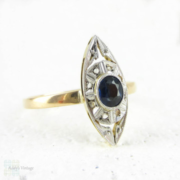 Art Deco Sapphire & Diamond Ring, Navette Shape Blue Sapphire and Rose Cut Diamond Conversion Ring in 18 Carat Gold.