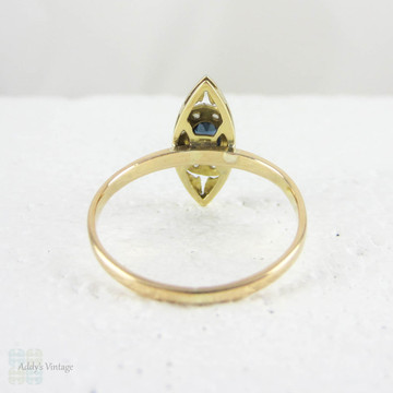Art Deco Sapphire & Diamond Ring, Navette Shape Blue Sapphire and Rose Cut Diamond Conversion Ring in 18 Carat Gold.
