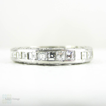 Vintage Diamond Eternity Ring, Carre Cut Full Eternity Wedding or Annivary Band, Pave Set Diamond Sides. Size I / 4.3.