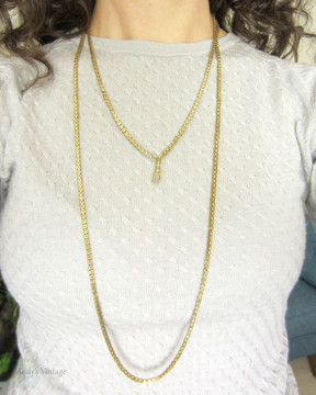 Victorian Pinchbeck Guard Chain, Chunky Square Long Muff Chain Necklace, Swivelling Dog Clip. Circa 1880s, 145 cm / 57 inches.