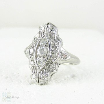 Art Deco Platinum Diamond Dress Ring, Large Cocktail Dinner Ring. Geometric Marquise Shape Stepped Design, Circa 1930s.