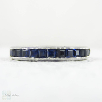 Vintage Sapphire Eternity Ring, Channel Set Synthetic Sapphires. Engraved Sterling Silver Milgrain Setting, Size I.5 / 4.6. 
