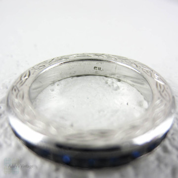 Vintage Sapphire Eternity Ring, Channel Set Synthetic Sapphires. Engraved Sterling Silver Milgrain Setting, Size I.5 / 4.6. 