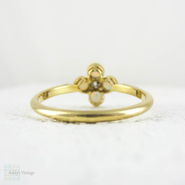 Vintage Opal & Diamond Cluster Ring, Four Petal Flower Style Shape with Centre Diamond. Circa 1940s, 18 Carat & Palladium.