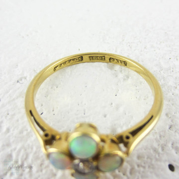 Vintage Opal & Diamond Cluster Ring, Four Petal Flower Style Shape with Centre Diamond. Circa 1940s, 18 Carat & Palladium.