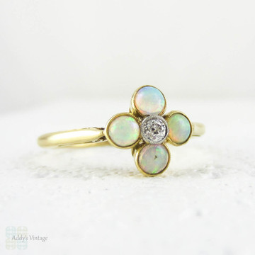 Vintage Opal & Diamond Cluster Ring, Four Petal Flower Style Shape with Centre Diamond. Circa 1940s, 18 Carat & Palladium.