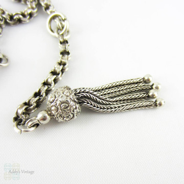 Victorian Sterling Silver Albertina, Antique Bracelet or Watch Chain with Belcher Style Links, Floral Tassel & Dog Clip, Circa 1800s.