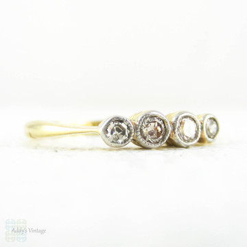Art Deco Four Stone Diamond Ring, Bezel Set Diamond Engagement or Anniversary Band, 0.15 ctw in 18 ct & Platinum.