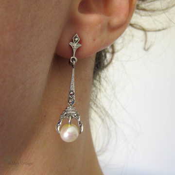 Vintage Pearl Drop Earrings, Art Deco Silver Marcasite Set Cultured Pearl Dangle Screwback Earrings, Circa 1930s.