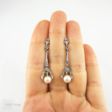 Vintage Pearl Drop Earrings, Art Deco Silver Marcasite Set Cultured Pearl Dangle Screwback Earrings, Circa 1930s.