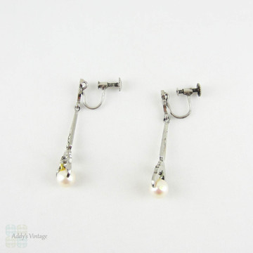 Vintage Pearl Drop Earrings, Art Deco Silver Marcasite Set Cultured Pearl Dangle Screwback Earrings, Circa 1930s.