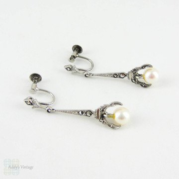 Vintage Pearl Drop Earrings, Art Deco Silver Marcasite Set Cultured Pearl Dangle Screwback Earrings, Circa 1930s.