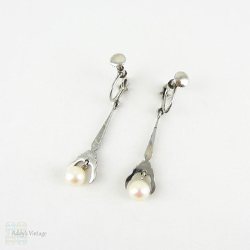 Vintage Pearl Drop Earrings, Art Deco Silver Marcasite Set Cultured Pearl Dangle Screwback Earrings, Circa 1930s.