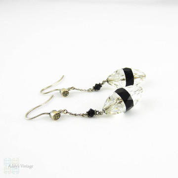 Art Deco Drop Earrings, Classic Black & White Look Faceted Cut Glass Paste Dangle Earrings in Silver, Circa 1920s - 1930s.