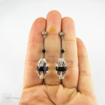 Art Deco Drop Earrings, Classic Black & White Look Faceted Cut Glass Paste Dangle Earrings in Silver, Circa 1920s - 1930s.