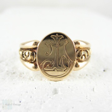 Rose Gold Signet Ring, Vintage Men's 9 Carat Gold Foliate Engraved Signet Ring. Initials JL, Edwardian Signet Ring.
