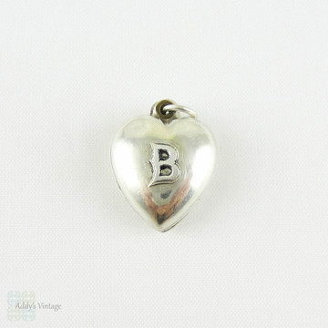 Vintage Heart Shaped Locket, Sterling Silver B Initial Puffy Love Heart Design Picture Locket Pendant Charm.