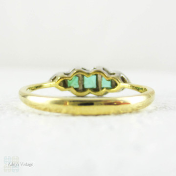 Emerald & Diamond Art Deco Engagement Ring. Carre Cut Green Emeralds, Diamond Accented 18ct Gold, Platinum Setting. Circa 1920s.