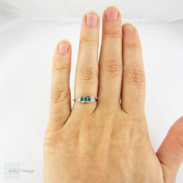 Emerald & Diamond Art Deco Engagement Ring. Carre Cut Green Emeralds, Diamond Accented 18ct Gold, Platinum Setting. Circa 1920s.