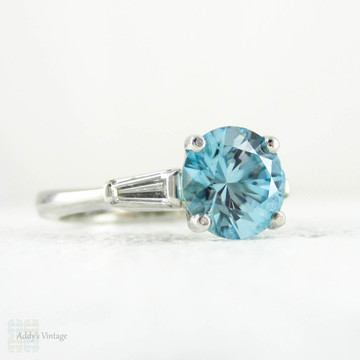 Blue Zircon & Diamond Engagement Ring, Round Blue Zircon with Tapered Baguettes in Vintage Platinum Setting, 2.45 ctw.