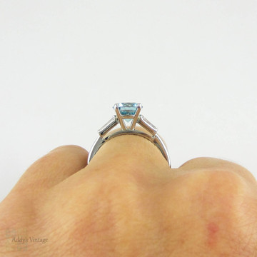 Blue Zircon & Diamond Engagement Ring, Round Blue Zircon with Tapered Baguettes in Vintage Platinum Setting, 2.45 ctw.