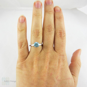 Blue Zircon & Diamond Engagement Ring, Round Blue Zircon with Tapered Baguettes in Vintage Platinum Setting, 2.45 ctw.